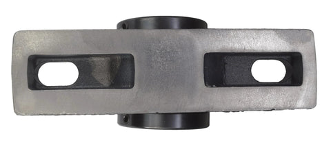 Top view of a silver metal pillow block bearing with two elongated bolt slots.