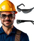 Tough As Nails Wraparound Safety Glasses For Men And Women 12 Pack Gradient Gray Anti Fog Scratch Proof Hard Hat Compatible Lightweight Shop Industrial Use, model wearing glasses with safety helmet.