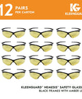 12 pairs of V30 Nemesis Safety Glasses With Amber Yellow Lenses And Black Frame, Unisex Fit For Men And Women, lightweight protection.