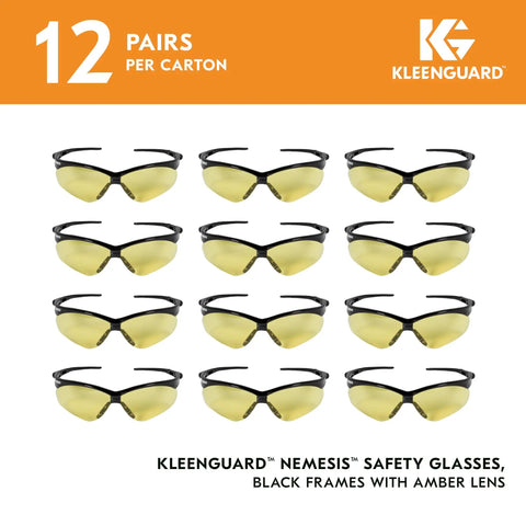 12 pairs of V30 Nemesis Safety Glasses With Amber Yellow Lenses And Black Frame, Unisex Fit For Men And Women, lightweight protection.