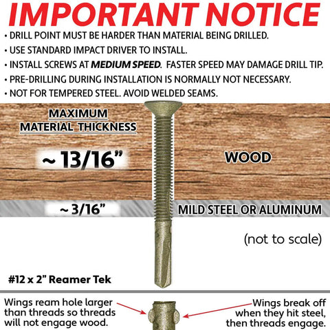 Diagram showing 12x2 Reamer Self-Drilling Wood To Metal Screws With Torx Star Head T-30 for flatbeds and trailers, installation tips.