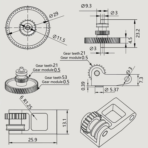 Technical drawing of Beefed-Up Extruder Gear Kit For X1 And P1 Series With DLC Nano Coating Hardened Steel Dual Gear Aluminum Handle POM Gear
