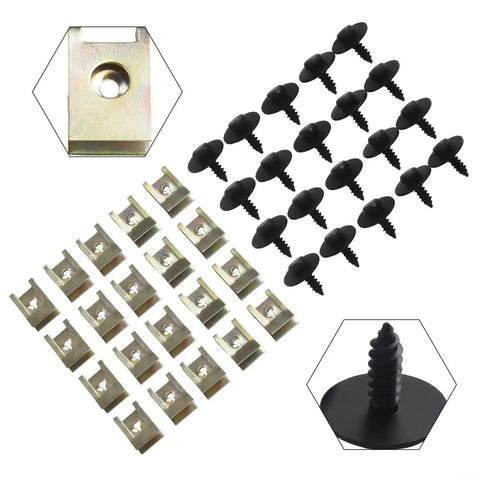 BMW Undertray Fastener Kit 40 Pack With Hex Head Self Tapping Bolts And U Nut Clips For Splash Shield Direct Fit For BMW 1 Series Through 7 Series X1 X3 X5 X6 Z3 And Mini Cooper, black screws and zinc clips