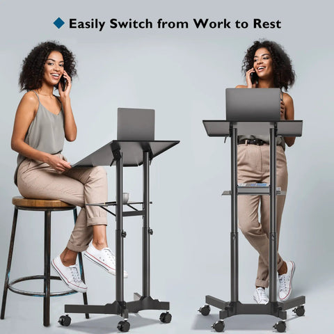 On Wheels Portable Standing Laptop Desk With Height Adjustable Sit Stand 0 To 40 Degree Tilt Rolling Cart With Storage Tray