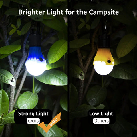 Portable LED Camping Lantern With 3 Lighting Modes Hanging Clip Tent Light comparison, showing bright and dim settings in greenery.