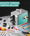 Heavy Duty Pneumatic Terminal Crimping Machine Air Powered Wire Crimper With 4 Die Sets and Foot Switch for 0.25 to 10mm2 Cables on a workbench.