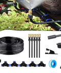 All In One 360 Degree Bendable Garden Irrigation System With Water Saving Design showing components and water spray over plants