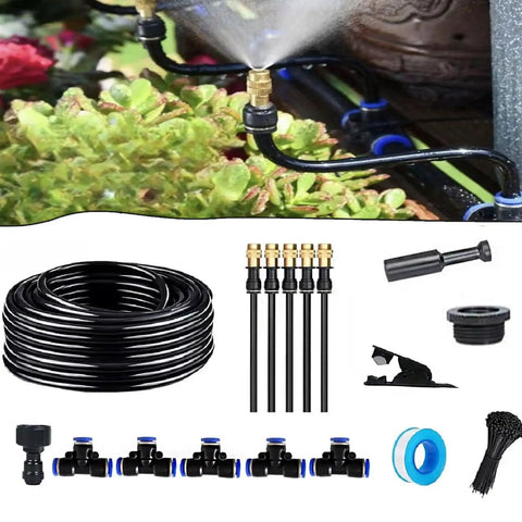 All In One 360 Degree Bendable Garden Irrigation System With Water Saving Design showing components and water spray over plants