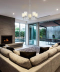 5-Light Industrial Pendant Chandelier For Kitchen Island And Living Room, Dope Brushed Nickel Finish With White Linen Frosted And Clear Glass Shades in modern living room