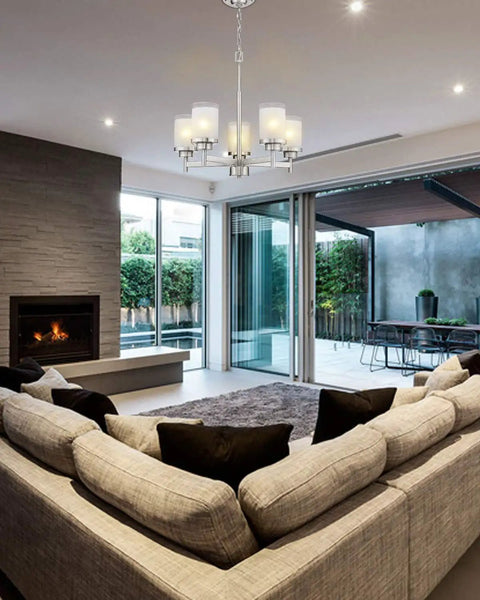 5-Light Industrial Pendant Chandelier For Kitchen Island And Living Room, Dope Brushed Nickel Finish With White Linen Frosted And Clear Glass Shades in modern living room