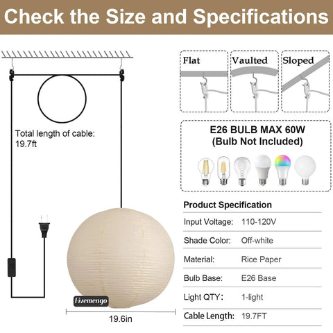 Twenty Inch Off White Japanese Rice Paper Lantern Plug In Pendant Light With Adjustable Cord Sets dimensions and specifications image.