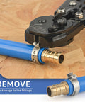 All In One Ratchet PEX Cinch Tool With Remove Function for Three Eighths to One Inch Stainless Steel Clamps in use on blue pipe