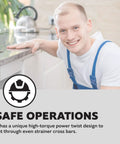 A man in blue overalls smiling near a kitchen sink, promoting a Hand Crank Drain Auger, Quarter Inch Cable, 25 Feet Long For Toilets And 2 Inch Drains.