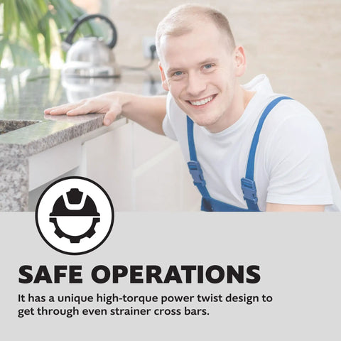 A man in blue overalls smiling near a kitchen sink, promoting a Hand Crank Drain Auger, Quarter Inch Cable, 25 Feet Long For Toilets And 2 Inch Drains.
