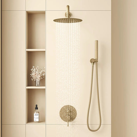 Fresh Gold Shower System Featuring A 10 Inch Rain Showerhead And 2 In 1 Handheld Sprayer, Wall Mounted Bathroom Faucet Kit With High Pressure Flow And Tough Brass Build For A Sweet Home Makeover