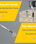 Pro Grade Magnetic Screwdriver Drill Bit Set With Kickass Anti Slip Teeth and Heavy Duty Impact Resistant Design for No Fuss Wall Mounts or Deck Repairs, showing deep bite design and magnetic attachment.