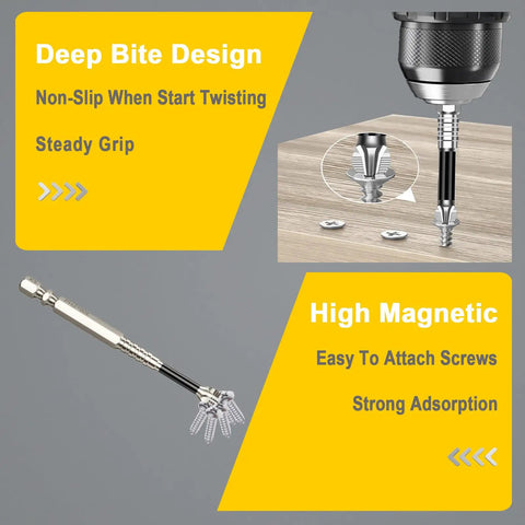 Pro Grade Magnetic Screwdriver Drill Bit Set With Kickass Anti Slip Teeth and Heavy Duty Impact Resistant Design for No Fuss Wall Mounts or Deck Repairs, showing deep bite design and magnetic attachment.