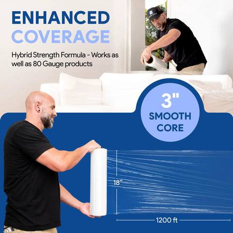 Four Pack 18 Inch Heavy Duty Stretch Wrap For Moving Day 1200 Feet Per Roll Clear Self Adhesive Packing Film in use.
