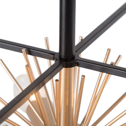 Close-up of gold starburst accent on Sick Black Semi Flush Mount Ceiling Light With Dope Gold Starburst Accent Four Light Fixtures Matte Black Frame Perfect For Hallways Bedrooms Kitchens Dining Rooms And Foyers