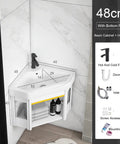 Bathroom Corner Basin Sinks, Wall Mount Vessel Sink, White Vessel Sink, Combo For Small Space Wall Mounted Cabinet Set Design White Resin Basin Sink Top Chrome Faucet And Drain (48x48x40cm) with dimensions.