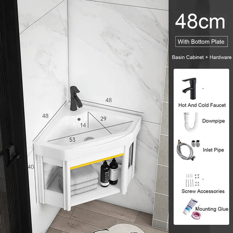 Bathroom Corner Basin Sinks, Wall Mount Vessel Sink, White Vessel Sink, Combo For Small Space Wall Mounted Cabinet Set Design White Resin Basin Sink Top Chrome Faucet And Drain (48x48x40cm) with dimensions.