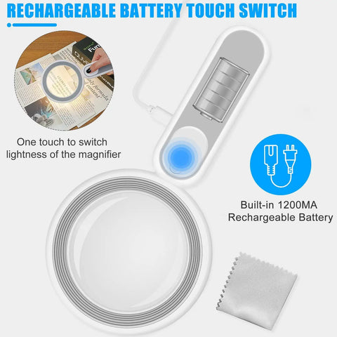 Rechargeable Lighted Magnifying Glass 30X 4.7 Inch Handheld Loupe with USB Charge, touch switch, battery and lens shown