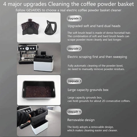 Kick The Old Grounds Out With Electric Portafilter Cleaner And Smart Knock Box Espresso Puck Suction with dual cleaning heads.