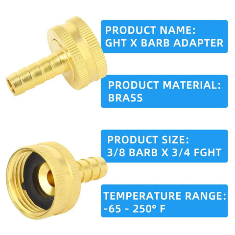 2 Pack 3/8 Barb To 3/4 Female GHT Thread Swivel Brass Garden Hose Connector With Clamps For Quick Leak Free Garden Hose Repairs And Easy All Weather Connections Durable Solid Brass, 3/8 barb x 3/4 FGHT