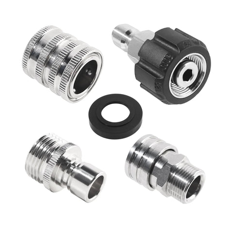 Front view of stainless steel pressure washer quick-connect adapters with black swivel connector and seal (8-piece kit)