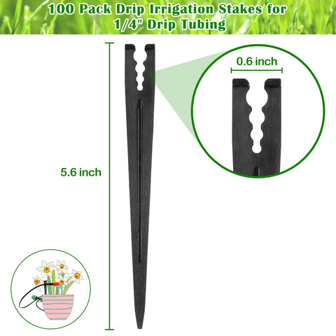 Detailed view of 100 Pack Drip Irrigation Stakes for One Quarter Inch Tubing showing 5.6 inch PP stake with dimensions.