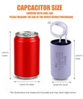 CBB60 Motor Run Capacitor 50uF Plus Or Minus 5 Percent MFD 110 125 250 VAC next to soda can for size comparison
