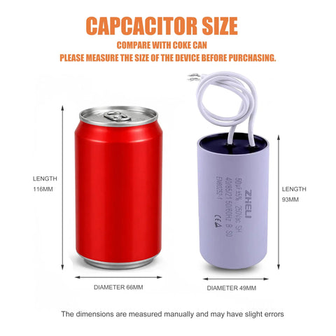 CBB60 Motor Run Capacitor 50uF Plus Or Minus 5 Percent MFD 110 125 250 VAC next to soda can for size comparison