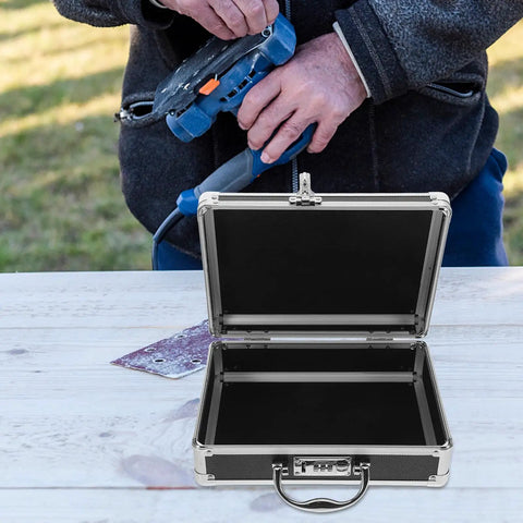Heavy Duty Aluminum Toolbox With Secure Snap Latch And Rugged Carry Handle For Smart Hardware Organizing and Quick Load Out Outdoor Jobs Or Weekend Garage Grind, open with a black interior.