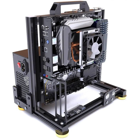 Open Frame PC Test Bench Rig With Aluminum Chassis For DIY Builds Fits ITX MATX ATX Motherboards Holds 2 HDD And 2 SSD Vertical Liquid Cooling Ready Perfect For Overclocking And Custom Rig Building with motherboard and CPU fan installed.