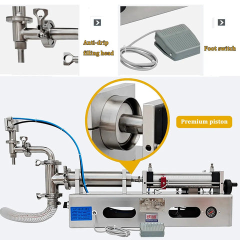 Top Pneumatic Liquid Filling Machine Straight Up Reliable Stainless Bottle Filler showing anti-drip filling head and premium piston.