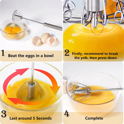 Stainless Steel Semi Automatic Hand Push Whisk Blender For Home Kitchen shows step-by-step egg beating process, no battery needed.
