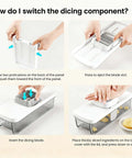 Instructional guide showing how to attach the dicing blade to a white Amazon kitchen vegetable chopper with a container.