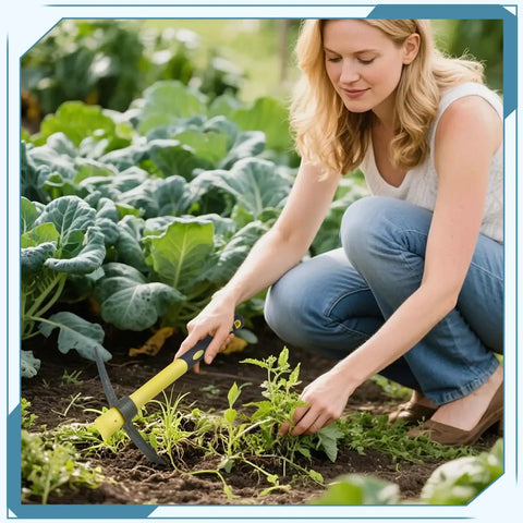 Woman using 4 Piece 15 Inch Mattock Hoe Set with Manganese Steel Mini Pickaxe and Lightweight Plastic Handle for gardening.