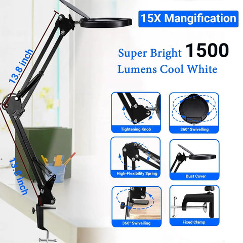 15X Magnifying Desk Lamp With Clamp Real Glass Lens 84 LED Illumination promotes features like flexibility and dust cover.