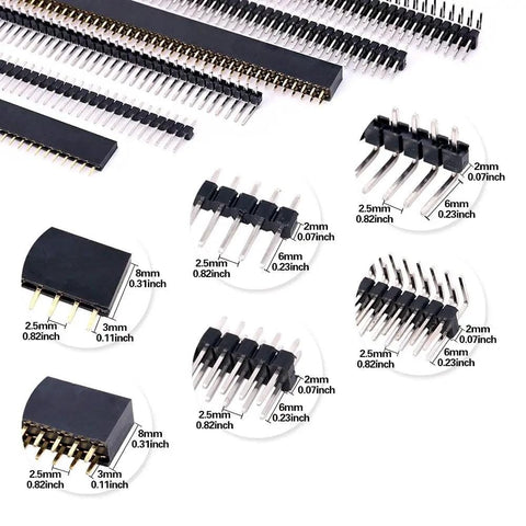 All In One 112Pcs 2.54mm Pin Header Kit For Arduino Prototyping Includes various header types with size measurements.