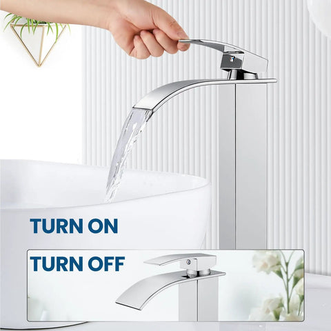 Tall Vessel Sink Faucet With Waterfall Flow Style Single Hole Install One Handle Mixer Tap Chrome Finish in bathroom