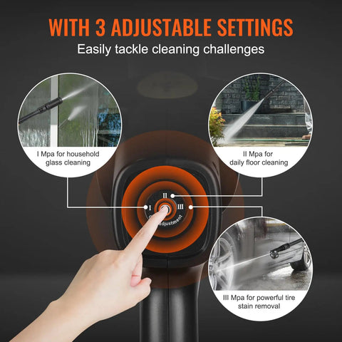 Close-up of cordless pressure washer control with adjustable settings for various cleaning tasks.