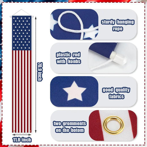 Pair Of Must Have Patriotic Porch Banners For 4th Of July And All American Holidays Outdoor Indoor Red White And Blue American Flag Decor Durable Oxford Material Easy Hang Signs For Memorial Day Veterans Day Presidents Day Independence Day And More. Features include sturdy rope, plastic rod, and grommets.