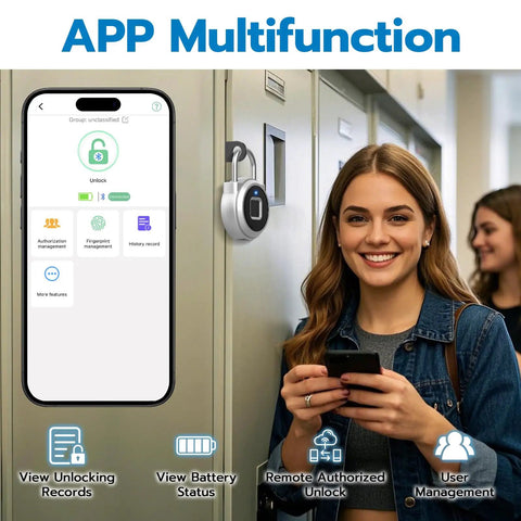 Biometric Fingerprint Padlock With Bluetooth App Control on locker, woman using smartphone for remote unlock