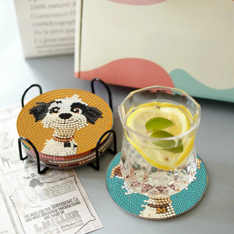 Dog Diamond Art Coaster Kit For Beginners With Holder DIY 8 Pack Diamond Painting Coasters Set Includes Cork Bases Diamonds