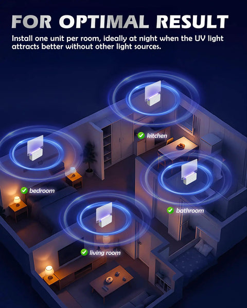 No Nonsense Plug In Fruit Fly Trap For Indoor Spaces Featuring Dual Wavelength Bulbs in kitchen, bedroom, living room, bathroom.