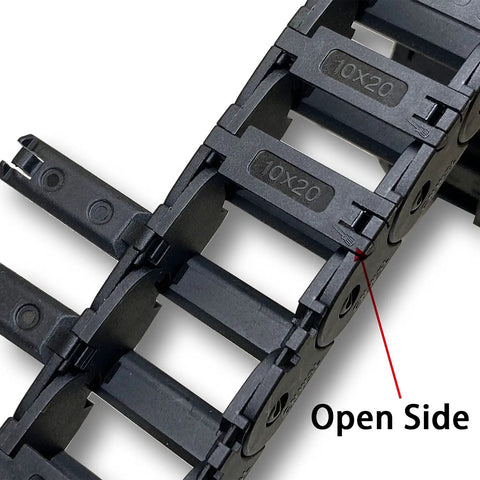 Close-up of 39.3 Inch Open Type Drag Chain Cable Carrier for CNC Router and 3D Printer, 10x20mm inner size, black plastic wire harness.
