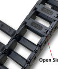 Close-up of Open Type Drag Chain Cable Carrier 39.4 Inch showing internal 10x20mm measurement for CNC Router, Mill, and 3D Printer.