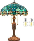 Tiffany Style Dragonfly Green Stained Glass Table Lamp With 24 Inch Tall Desk Bedside Light Metal Base UL Listed Pull Chain