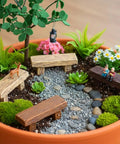 Miniature Bench Set Resin Faux Wood Six Piece for Crafts Micro Landscape Dollhouse and Fairy Garden Accessories 2.20 Inch